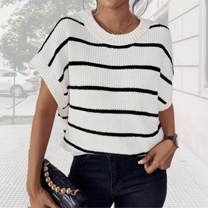 Womens Summer Short Sleeve Pullover Sweater Casual Tops Cap Sleeve Stripped Crew Neck Lightweight Sweater Vest Ribbed Knit Pullover Tops - 1 of 4