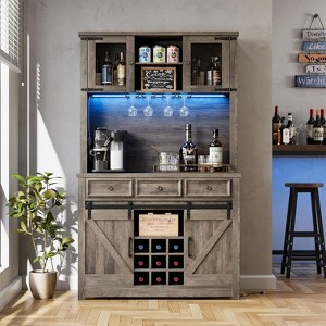 72 Inch Farmhouse Coffee Bar Cabinet with Wine Glass Rack, Large Kitchen Hutch with 3 Drawers and Sliding Barn Door, Tall Storage Cabinet for Home Bar - 1 of 4