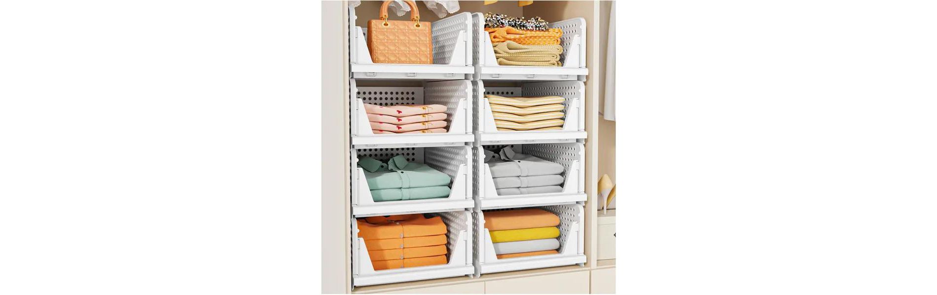 5 Pack Stackable Closet Storage Basket, Multifunctional Foldable Closet Organizer for Bathroom Kitchen Laundry Room Wardrobe Storage