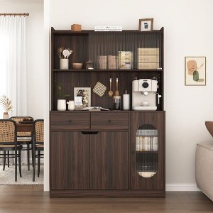 Tiramisubest 71"H Pantry Cabinet Reeded Glass Bakers Rack with Storage Microwave Stand Wire Hole Storage Rack Tall Pantry Cabinet, Brown - 1 of 4