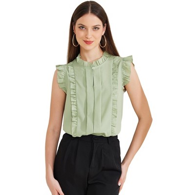 Allegra K Women's Ruffle Sleeveless Round Neck Keyhole Button Shirt