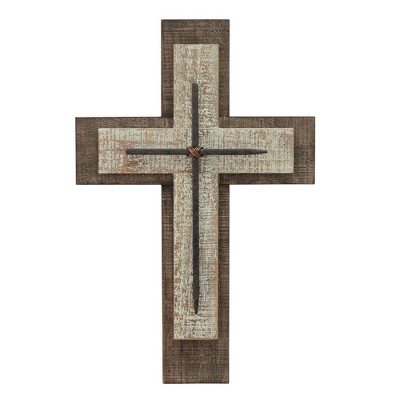 15.8" x 10.2" Decorative Wooden Cross Wall Art Worn White/Brown - Stonebriar Collection