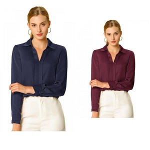INSPIRE CHIC Women's Elegant V Neck Long Sleeve Office Work Satin Shirt 2 Packs - 1 of 4