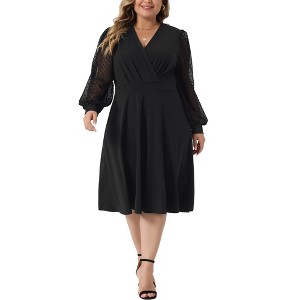Agnes Orinda Women's Plus Size Swiss Dots Pattern Sleeves V Neck Midi Flowy A-Line Dress - 1 of 4