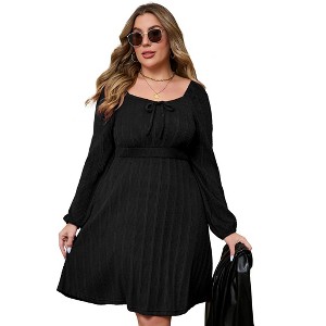 Plus Size Square Neck Knit Dress for Women Long Puff Sleeves Ribbed Texture Casual Chic Sweater Dress with Pocket - 1 of 4