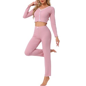 INSPIRE CHIC Women's Long Sleeve Full Length Solid Flounce Pajama Set Lounge Set - 1 of 4