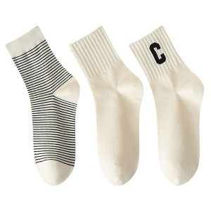 Anna-Kaci 3 Pairs Women's Crew Socks in Cotton Blend Ribbed Cuff Assorted Stripes Dots Letter Graphic Print Design - 1 of 4