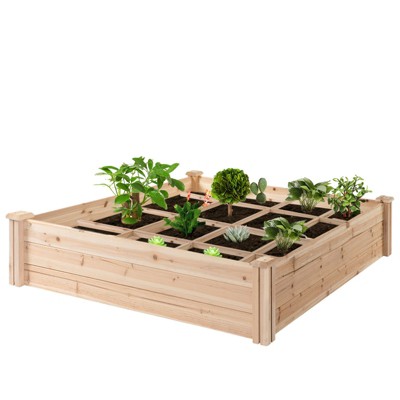 Outsunny 4ft x 4ft Backyard Patio Wooden Raised Garden Bed Planter Box with Segmented Growing Grid for Plants & Herbs - Natural Wood