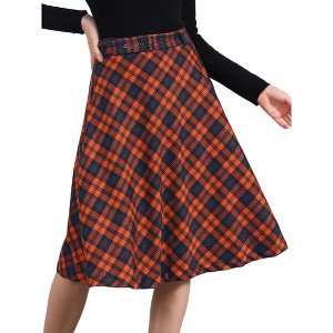 INSPIRE CHIC Women's Tartan Plaid High Waist Belted Vintage A-Line Midi Skirt - 1 of 4