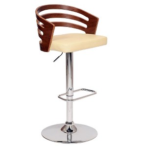 FurniFact,Swivel Bar Stool with Cream Leatherette Seat, Walnut Veneer, and Chrome Base - 1 of 4