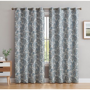 HLC.ME Amalfi Paisley Faux Silk 100% Blackout Thermal Lined Curtain Grommet Panels - Energy Efficient, Noise Reducing - Set of 2 - 1 of 4