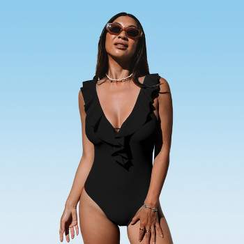 Women's Plus Size V Neck Mesh Sheer One Piece Swimsuit -cupshe