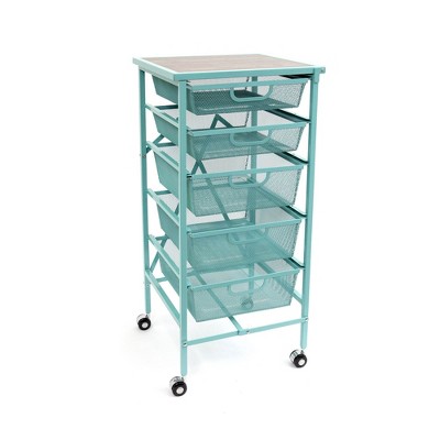 Origami Wheeled Folding Steel 5 Drawer Storage Kitchen Cart Wood Top, Turquoise