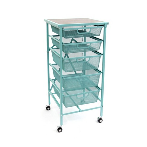 Origami Wheeled Folding Steel 5 Drawer Storage Kitchen Cart Wood Top, Turquoise - image 1 of 4