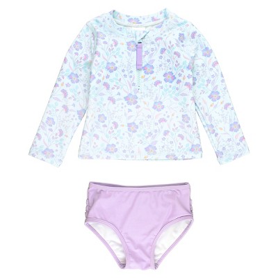 RuffleButts Girls Long Sleeve Zipper Rash Guard Bikini