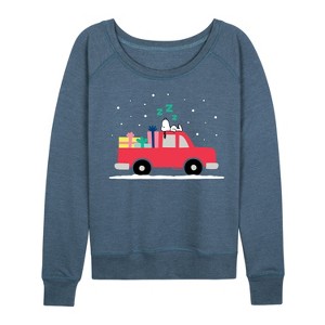 Women's - Peanuts - Snoopy Red Truck Lightweight French Terry Wide Neck Long Sleeve Shirt - 1 of 4