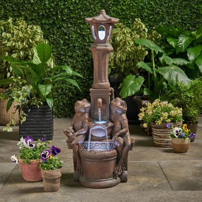 NAYSAYE Fountain Hand Crafted Lamppost Design with Frog Accents and Rustic Vintage Style for Garden Patio Outdoor, Brown, 14"*37.25"*20.19"