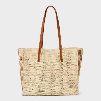 Straw Packable Checker Boxy Tote Handbag - Universal Thread™ Beige