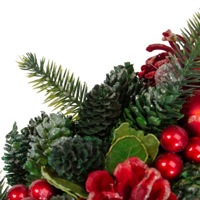 13" Red and Green Pine Cone and Ornament Christmas Wreath