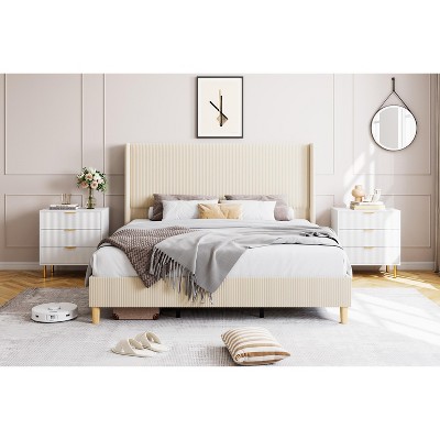 Bed Frame, Corduroy Upholstered Queen Bed Frame with Wingback Headboard, No Box Spring Needed, Solid Wooden Slats, Noise Free