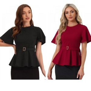 INSPIRE CHIC Women's Round Neck Flutter Sleeve Belted Waist Office Peplum Blouse 2 Packs - 1 of 4