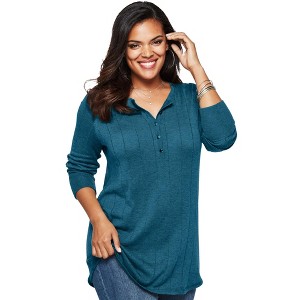 Roaman's Women's Plus Size Fine Gauge Drop Needle Henley Sweater - 1 of 4