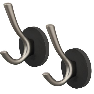 LunaLulinlk Strong Magnetic Double Hooks, 2 Pack Heavy Duty Sturdy Coat Magnetic Hangers, Rubber Magnets Large Hooks (Brushed Nickel)