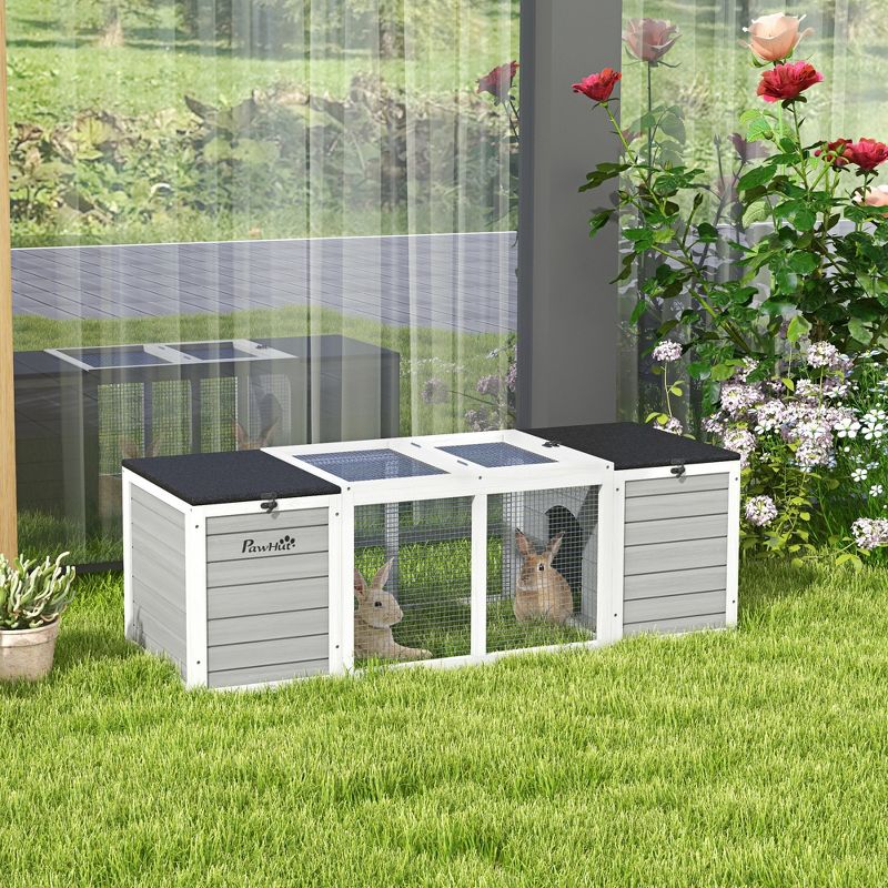 PawHut 55" Rabbit Hutch, Outdoor Rabbit Cage Guinea Pig Cage with Dual Main Living House, Run Cage, Openable Asphalt Roofs for 1-2 Rabbits, Gray, 3 of 7