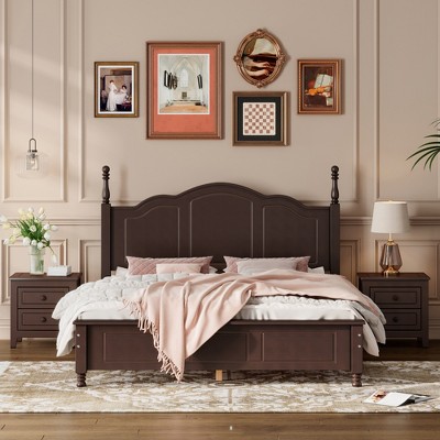 3 Pcs Bedroom Sets, Queen Size Wood Platform Bed With Two Nightstands ...