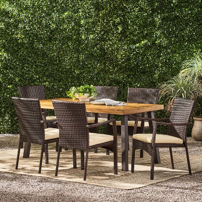 Christopher Knight Home Goleta Outdoor Acacia Wood and Wicker 7 Piece Dining Set with Cushion, Natural, Brown and Cream