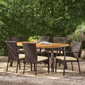 Christopher Knight Home Goleta Outdoor Acacia Wood and Wicker 7 Piece Dining Set with Cushion, Natural, Brown and Cream - 1 of 4