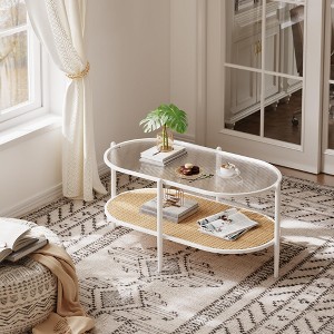 37" Rattan Coffee Table, 2 Tier Wooden Oval Center Table with Tempered Glass Top, Accent Cocktail Tea Table for Living Room Bedroom Office - 1 of 4