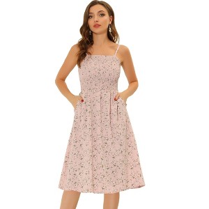 Allegra K Women's Spaghetti Strap Smocked Pockets Floral Sundresses - 1 of 4