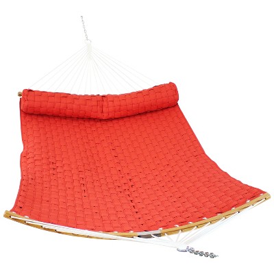 Sunnydaze Polyester Quilted Weave 2-Person Hammock with Curved Bamboo Spreader Bars - 450 lb Weight Capacity - Salmon