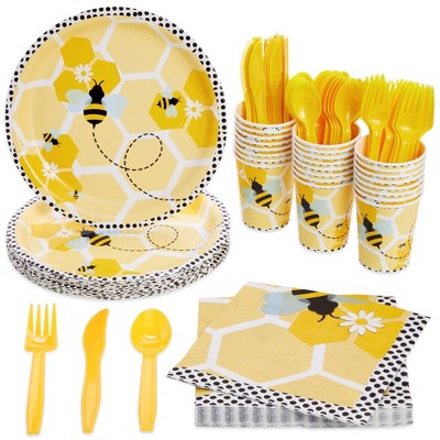Blue Panda 144 Piece Bee Themed Party Supplies - Serves 24 Plates, Napkins, Cups, and Cutlery for What Will It Bee Gender Reveal