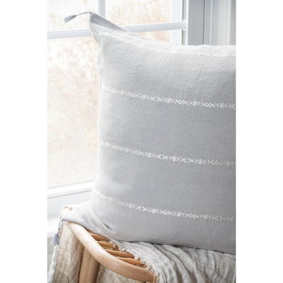 Light Gray and White Embroidered Linen Throw Pillow with Tassels