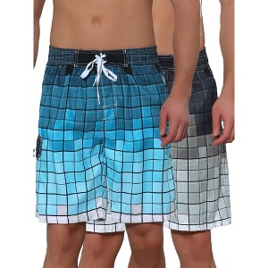 Lars Amadeus Men's Hawaiian Drawstring Waist Color Block Plaid Board Shorts 2 Packs - 1 of 4