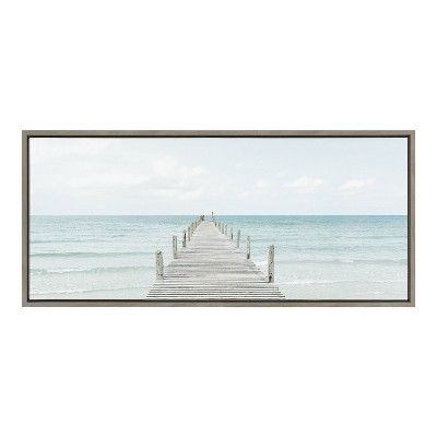 Gray Wooden Pier on Beach Framed Canvas Print, 18" x 40"