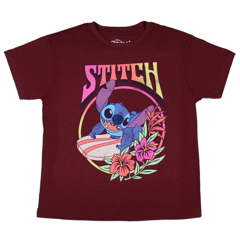 Disney Lilo And Stitch Men's Stitch Surfing Distressed Graphic Print T-Shirt, 1 of 4