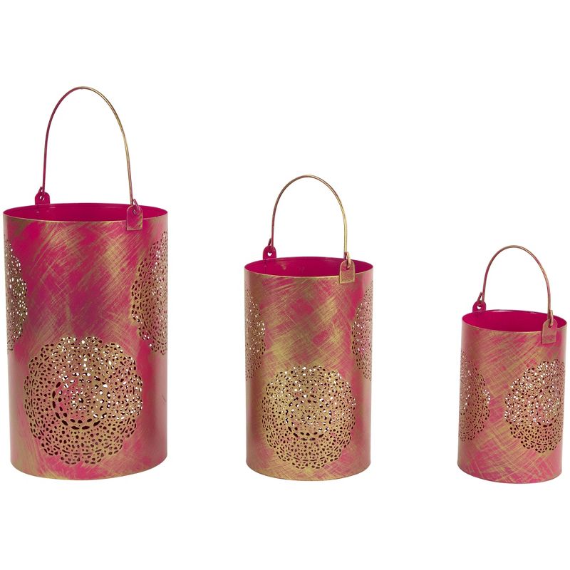 Northlight Set of 3 Fuchsia Pink and Gold Floral Laser-Cut Pillar Candle Lanterns, 4 of 7