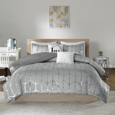 Twin Grey and Silver Microfiber 5-Piece Comforter Set