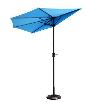 Half Round Patio Umbrella with Easy Crank – Compact 9ft Semicircle Outdoor Shade Canopy for Balcony, Porch, or Deck by Nature Spring (Blue)