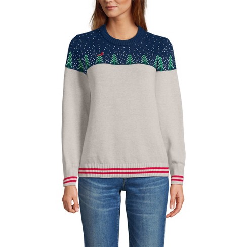 Lands End Women s Petite Drifter Sweater Large Deep Sea Navy green Trees Target