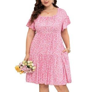 Womens Plus Size Dress Ruffle Sleeve Flowy Dress with Pockets - 1 of 1