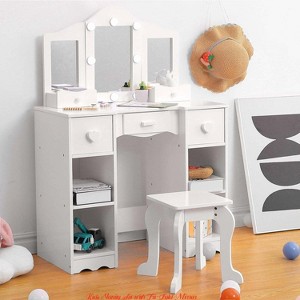 Kids Vanity Set w/ Tri-Fold Mirror, 2-in-1 Wooden Makeup Desk & Stool, Princess Pretend Play Dressing Table w/ Drawer - 1 of 4