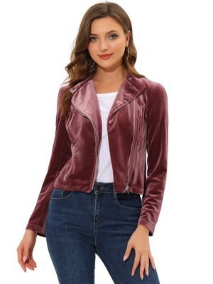 Allegra K Women's Velvet Long Sleeve Zipper Short Moto Jackets