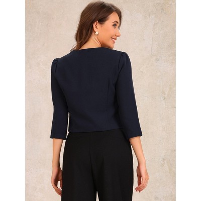 Allegra K Women's Collarless 3/4 Sleeve Lightweight Pockets Button Down Work Suit Blazer Dark Blue X-Large — фото 3