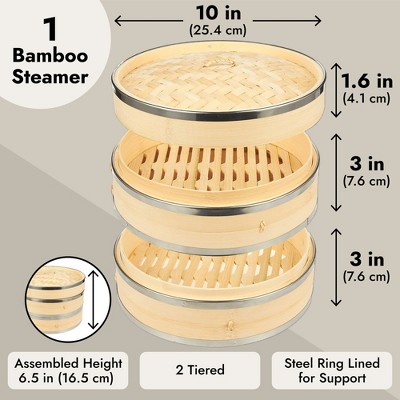 Natural Bamboo Two-Tier Steamer Basket with Steel Rings, 10-inch