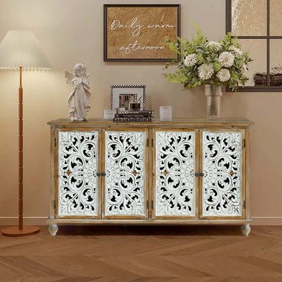 Vynxaria 4-Door Accent Cabinet - Farmhouse Sideboard Buffet with Wood-Carved Floral Doors, Ideal for Living Room, Dining Room, Entryway, and Kitchen.