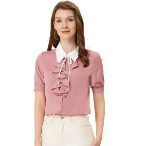 Allegra K Women's Contrast Collar Tie Ruffle Front Button Short Sleeve Work Shirt - 1 of 4